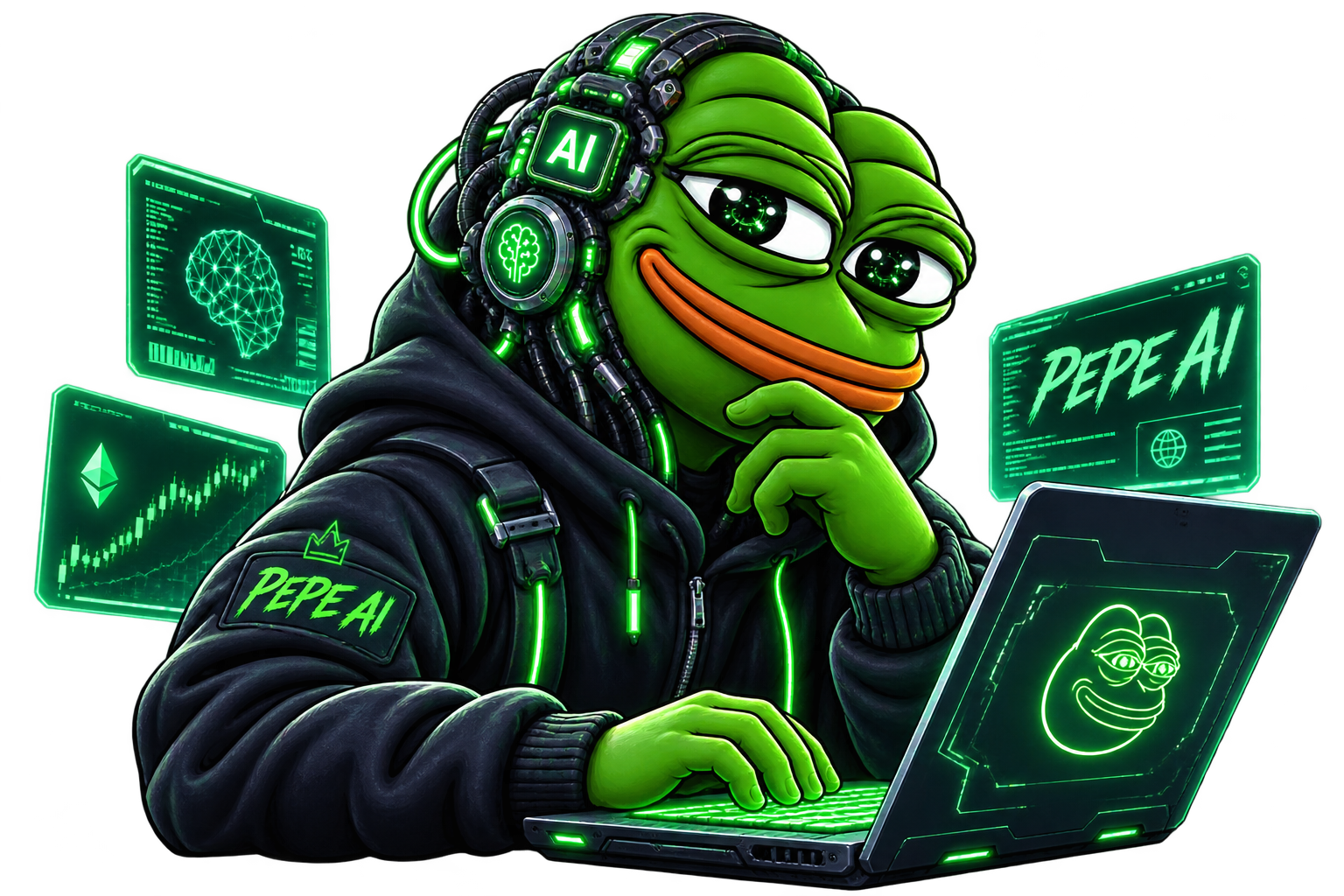 Pepe AI at a neon-green terminal with neural headset, holographic screens, and a thinking pose